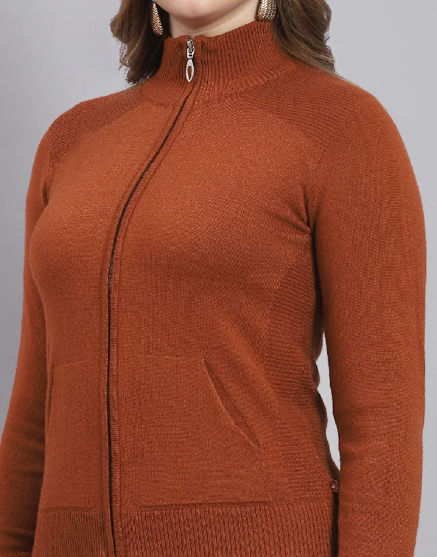 Women Rust Solid Stand Collar Full Sleeve Sweater