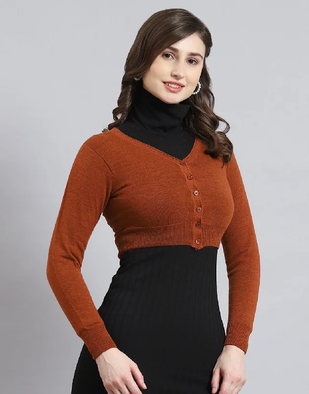 Women Rust Solid V Neck Full Sleeve Sweater