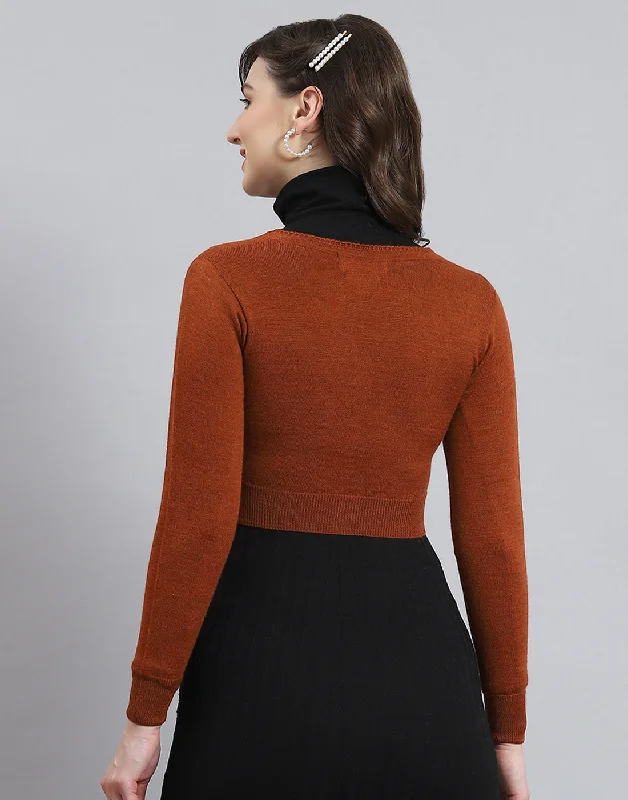 Women Rust Solid V Neck Full Sleeve Sweater