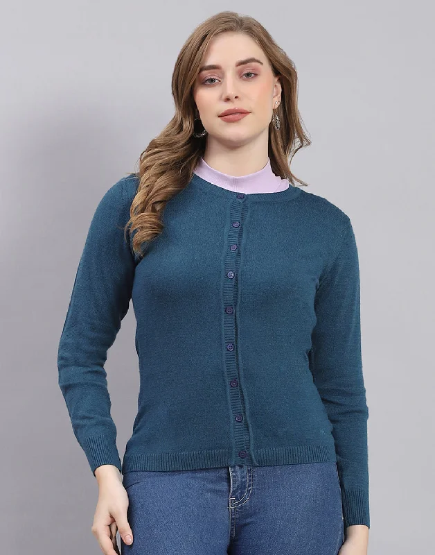 Women Teal Blue Solid Round Neck Full Sleeve Sweater