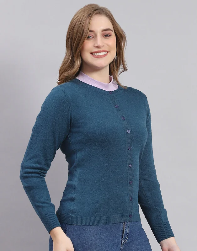 Women Teal Blue Solid Round Neck Full Sleeve Sweater