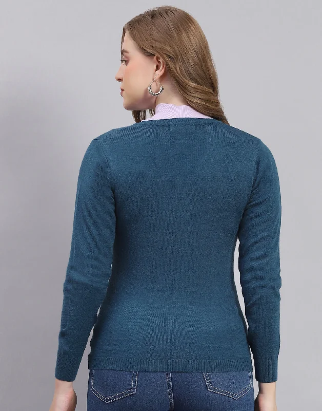 Women Teal Blue Solid Round Neck Full Sleeve Sweater