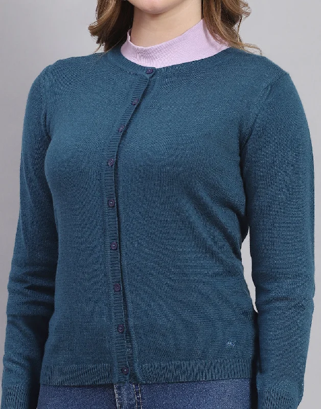 Women Teal Blue Solid Round Neck Full Sleeve Sweater