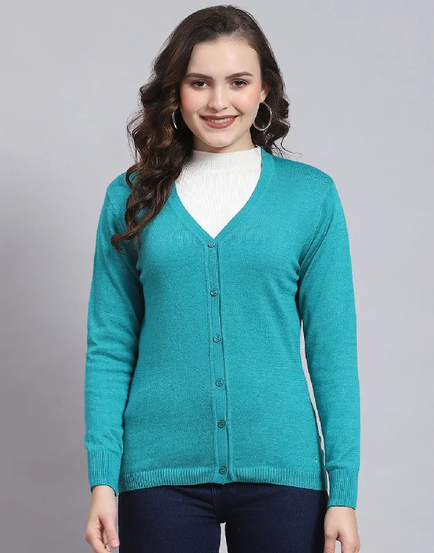 Women Turquoise Blue Solid V Neck Full Sleeve Sweater