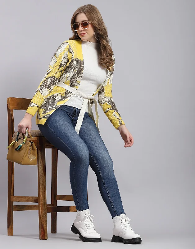 Women Yellow Self Design V Neck Full Sleeve Cardigan