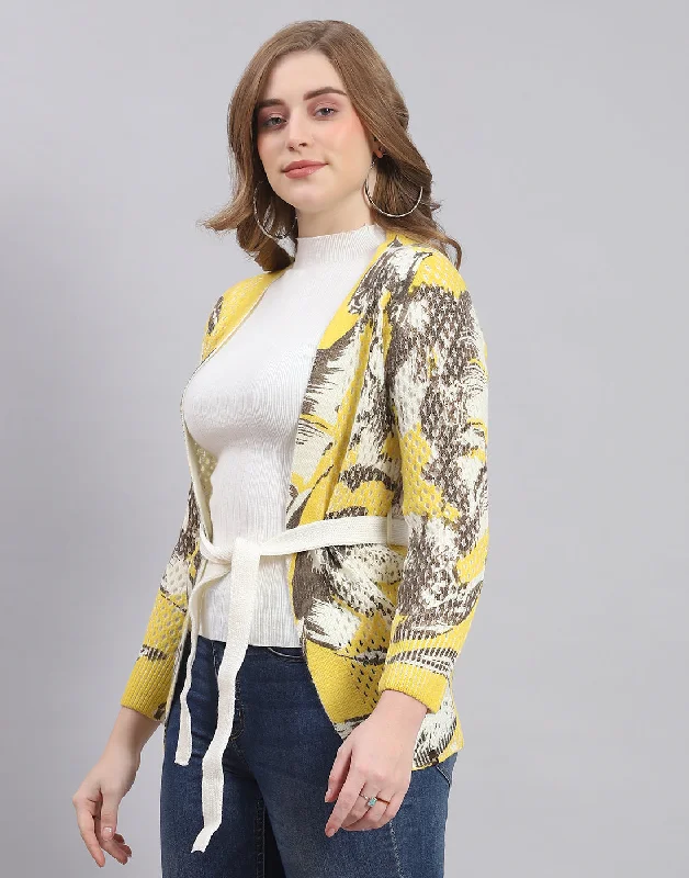 Women Yellow Self Design V Neck Full Sleeve Cardigan