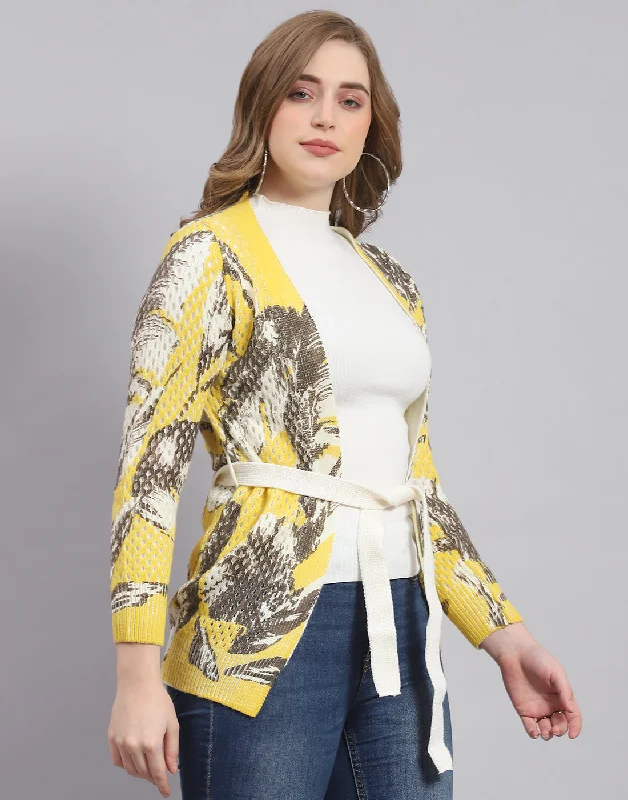 Women Yellow Self Design V Neck Full Sleeve Cardigan