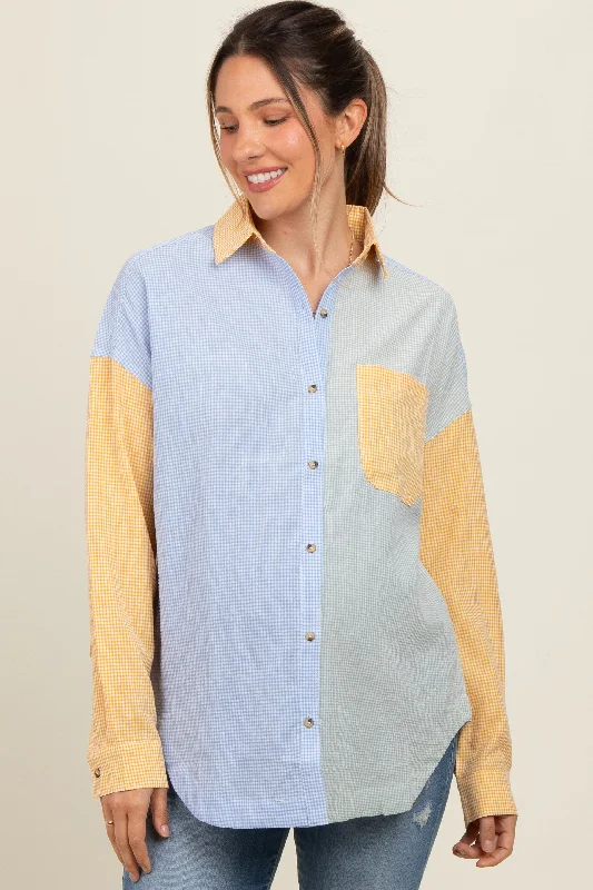 Yellow Colorblock Gingham Maternity Button Down Top