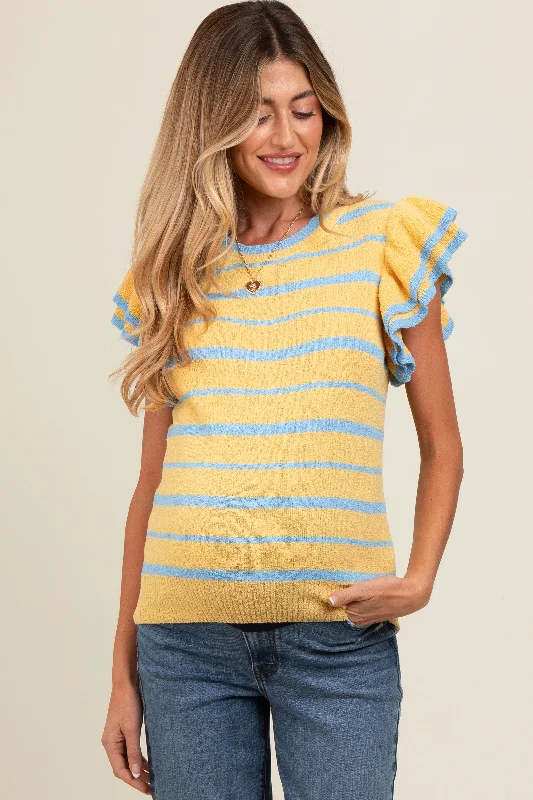 Yellow Striped Ruffle Sleeve Maternity Sweater Top