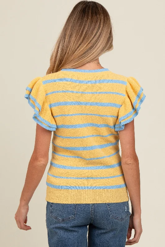 Yellow Striped Ruffle Sleeve Maternity Sweater Top