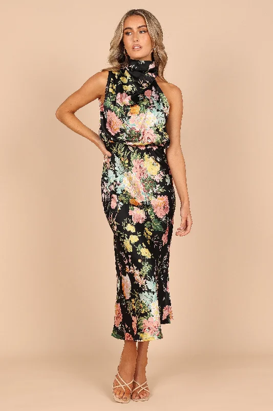 Anabelle Halter Neck Midi Dress - Black Floral