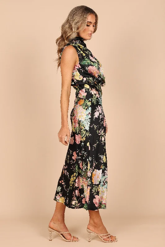 Anabelle Halter Neck Midi Dress - Black Floral