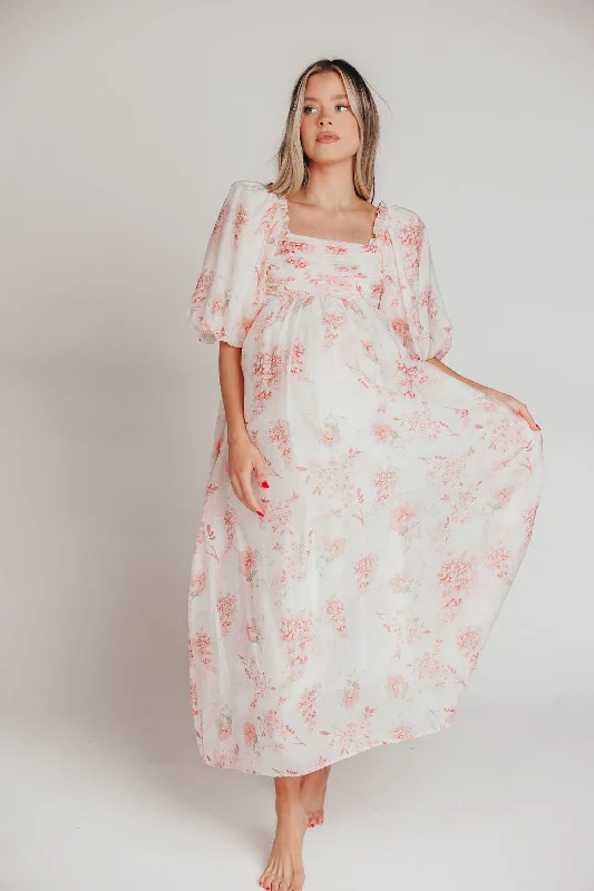 Melody Maxi Dress with Pleats and Bow Detail in Pink Floral -  Bump Friendly & Inclusive Sizing (S-3XL)