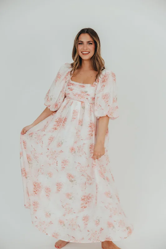 Melody Maxi Dress with Pleats and Bow Detail in Pink Floral -  Bump Friendly & Inclusive Sizing (S-3XL)