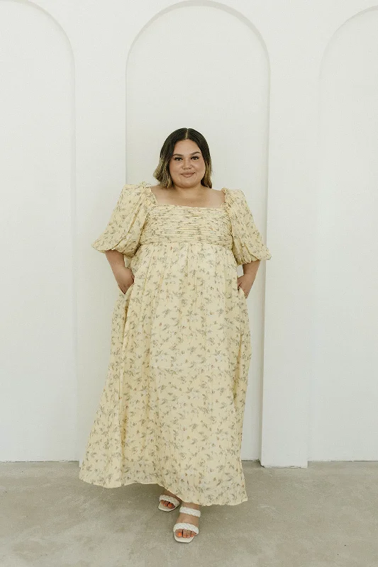 Melody Maxi Dress with Pleats and Bow Detail in Yellow Floral - Bump Friendly & Inclusive Sizing (S-3XL)