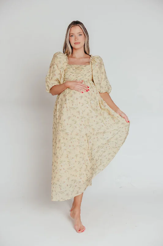 Melody Maxi Dress with Pleats and Bow Detail in Yellow Floral - Bump Friendly & Inclusive Sizing (S-3XL)