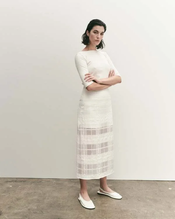 Mijeong Park Plaid Lace Midi Skirt in White