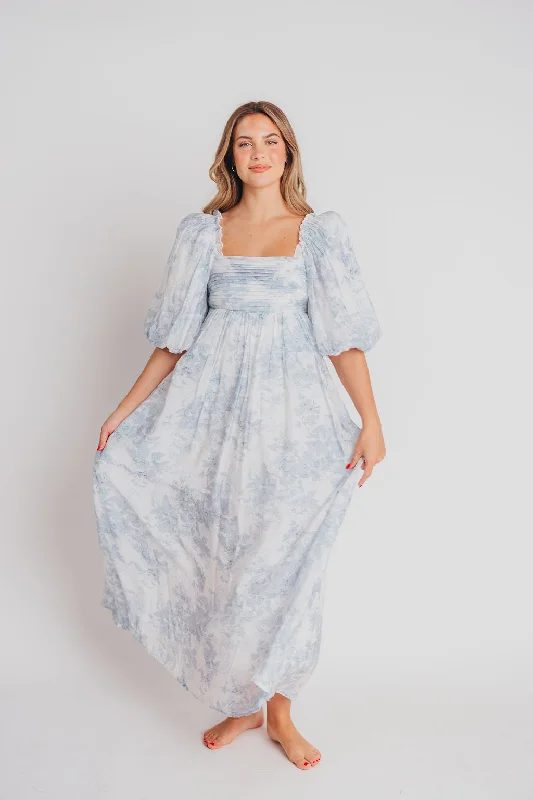 Melody Maxi Dress with Pleats and Bow Detail in Blue Floral - Bump Friendly & Inclusive Sizing (S-3XL)