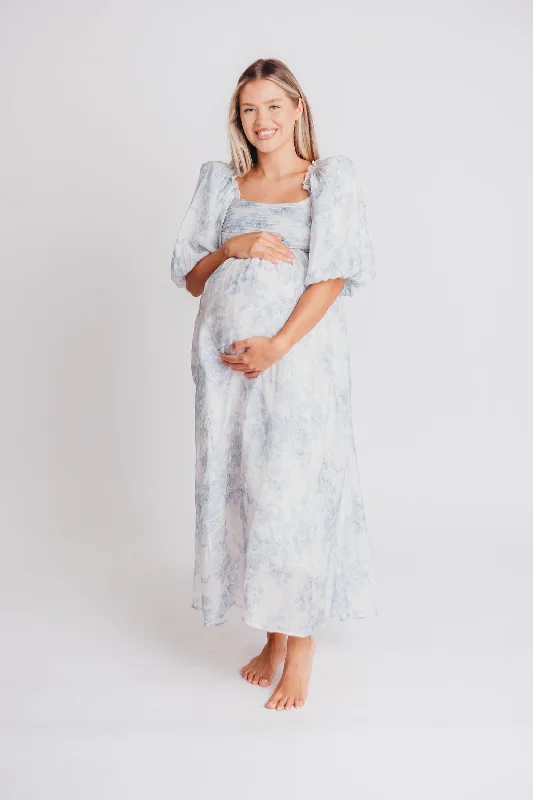 Melody Maxi Dress with Pleats and Bow Detail in Blue Floral - Bump Friendly & Inclusive Sizing (S-3XL)