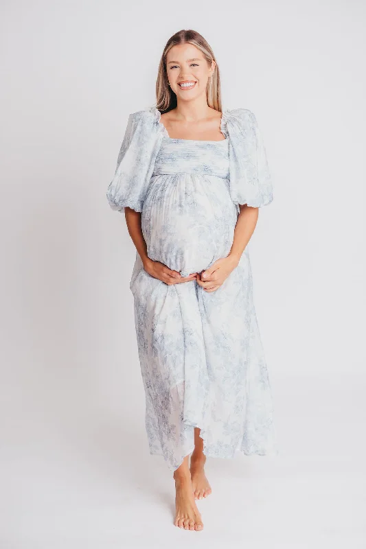 Melody Maxi Dress with Pleats and Bow Detail in Blue Floral - Bump Friendly & Inclusive Sizing (S-3XL)