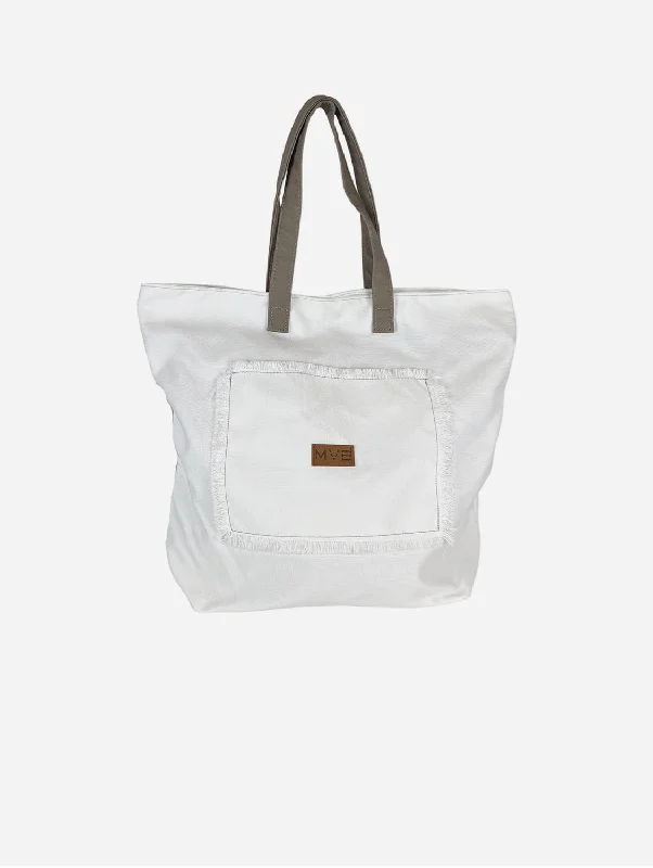 Summer Flower Canvas & Vegan Leather Beach Bag | White