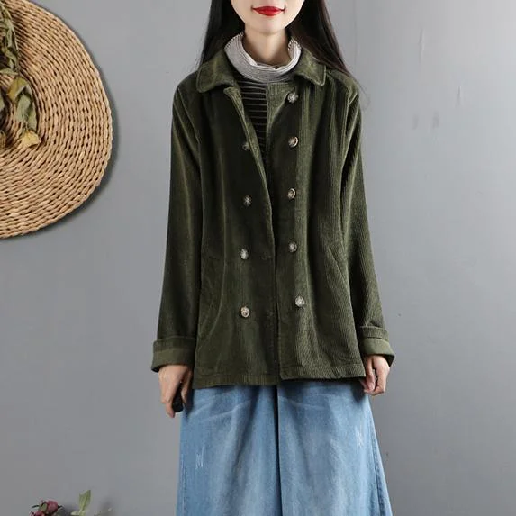 Simple double breast top quality lapel collar coats women blouses army green cotton outwear