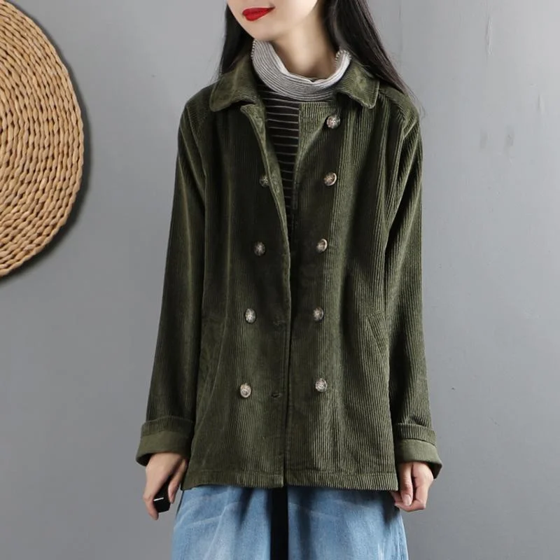 Simple double breast top quality lapel collar coats women blouses army green cotton outwear