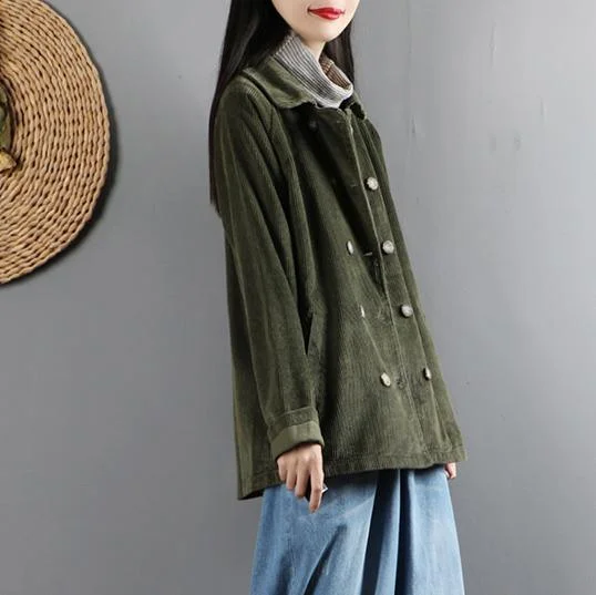 Simple double breast top quality lapel collar coats women blouses army green cotton outwear