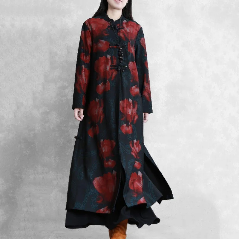 Simple red print Plus Size casual coats women design stand collar Chinese Button fall outwears