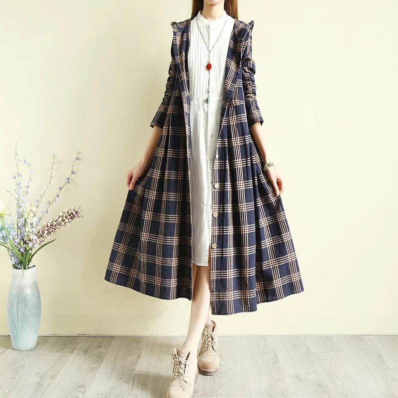 Spring blue Plaid coat Loose fitting hooded Button Down long coat