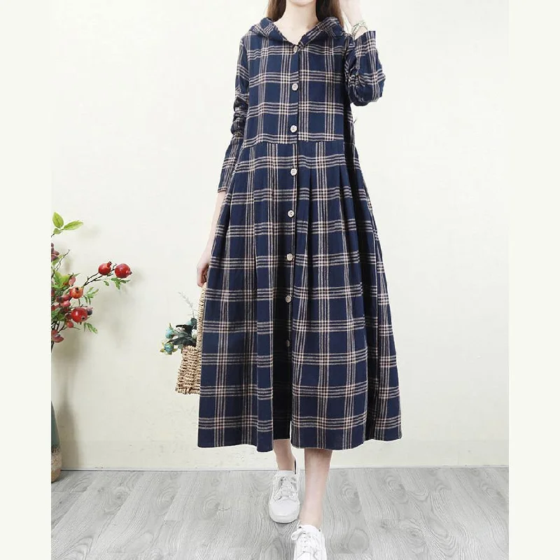 Spring blue Plaid coat Loose fitting hooded Button Down long coat