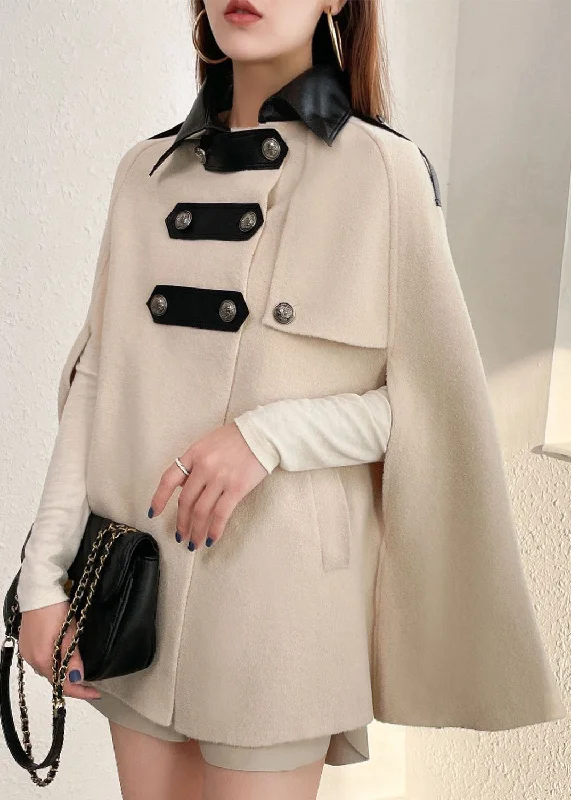 Style Beige Peter Pan Collar Faux Leather Patchwork Woolen Coats Cloak Sleeves