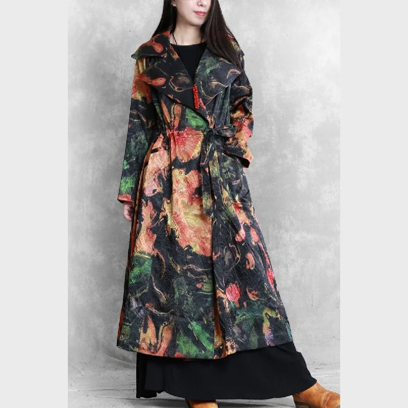 Style tie waist Fashion Coats Women black prints Knee outwear fall