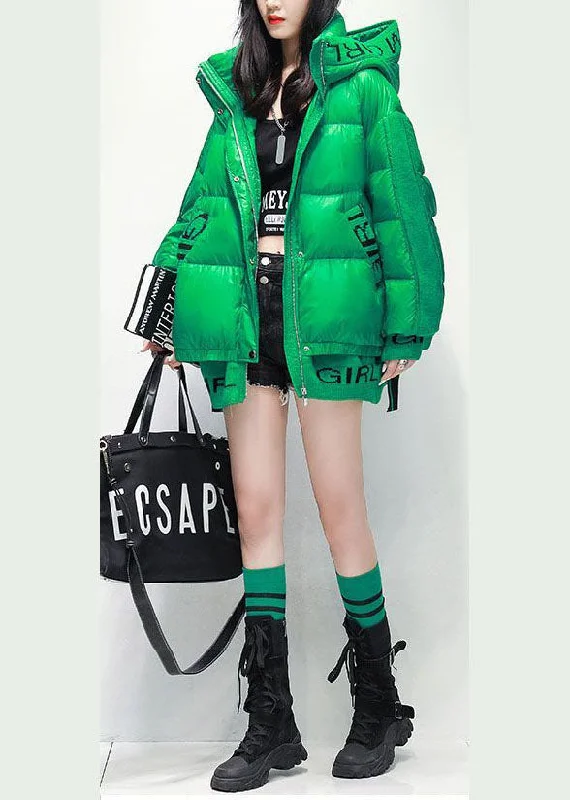 Stylish Green Hooded Patchwork Letter Print Thick Duck Down Down Coats Winter