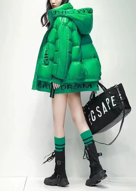 Stylish Green Hooded Patchwork Letter Print Thick Duck Down Down Coats Winter