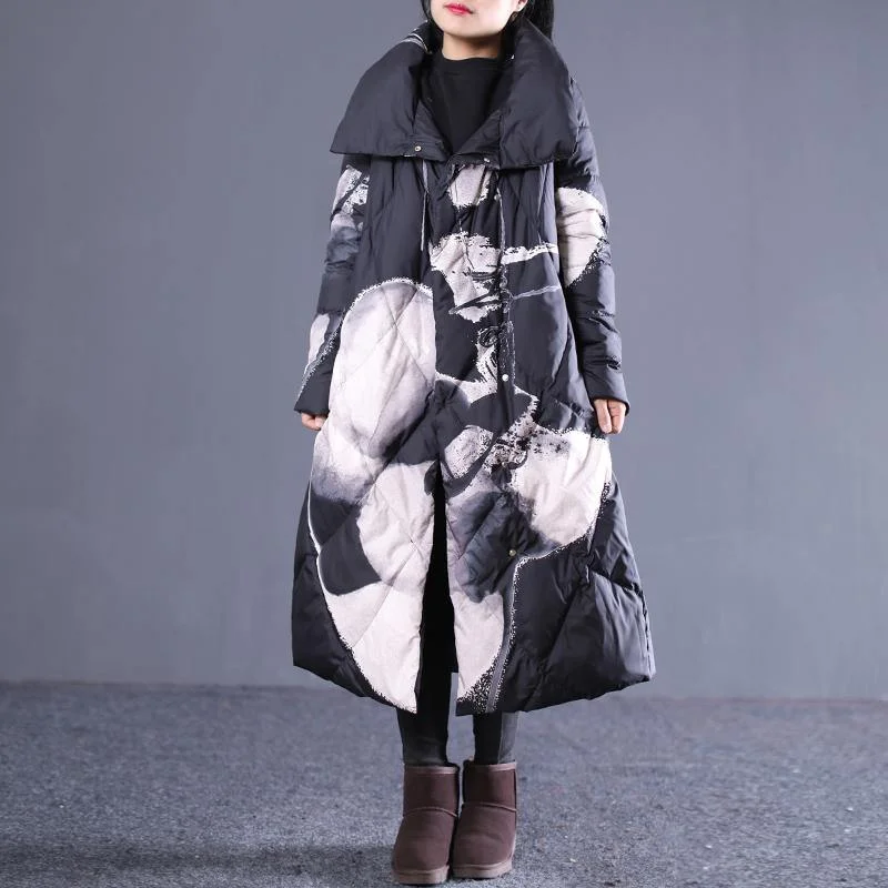 thick black print down jacket plus size stand collar down overcoat Casual pockets zippered long down coats