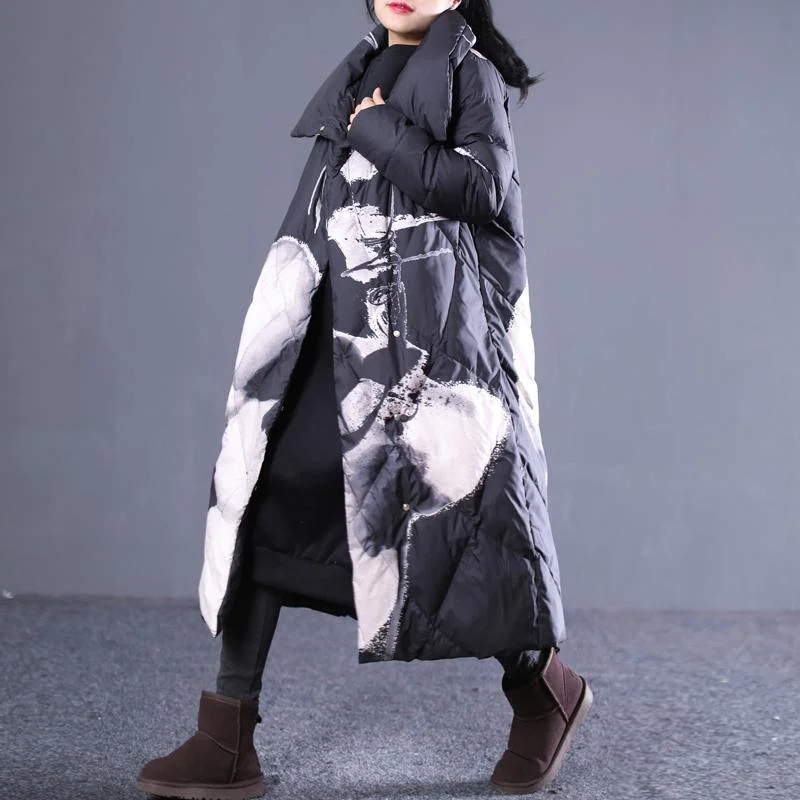 thick black print down jacket plus size stand collar down overcoat Casual pockets zippered long down coats