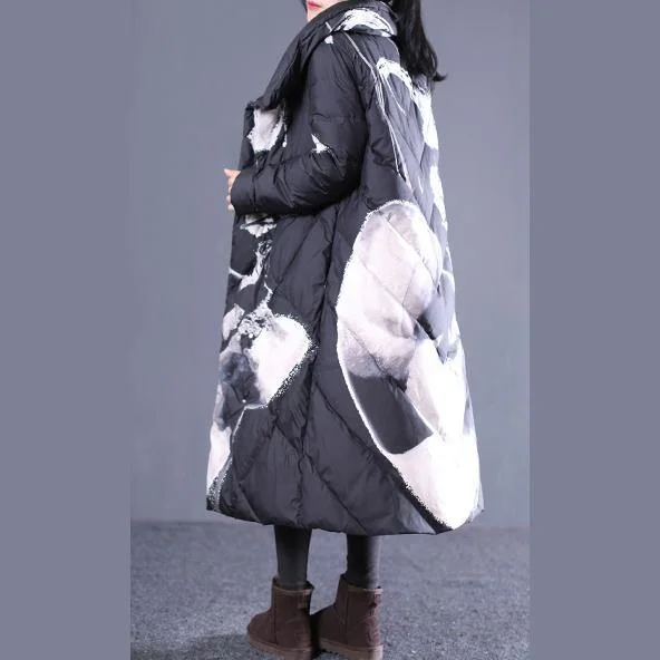 thick black print down jacket plus size stand collar down overcoat Casual pockets zippered long down coats