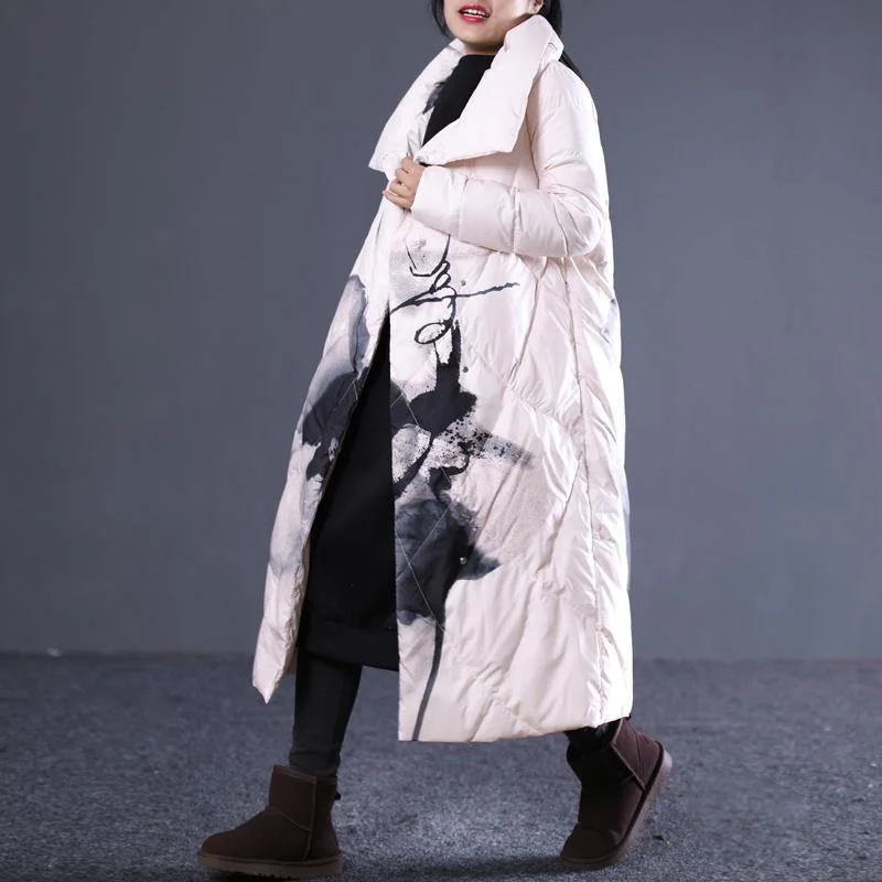 thick light nude print quilted coat oversized stand collar down overcoat Elegant pockets zippered down overcoat