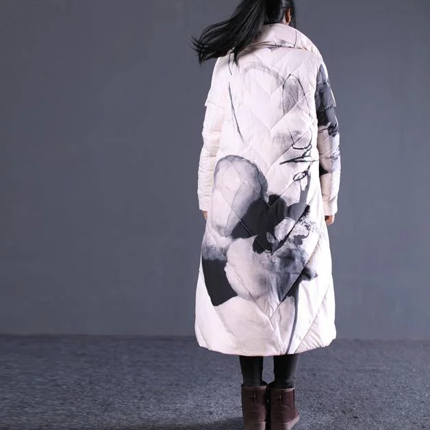 thick light nude print quilted coat oversized stand collar down overcoat Elegant pockets zippered down overcoat