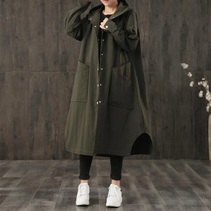 top quality army green oversized long coat fall hooded asymmetric coats