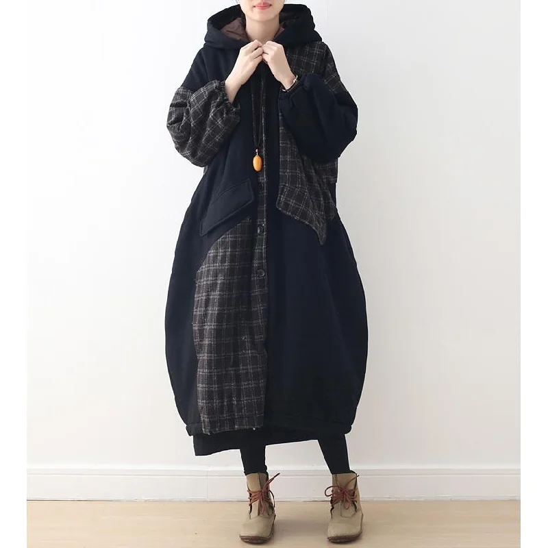 top quality black patchwork Plaid women Loose fitting hooded Coats thick Batwing Sleeve pockets winter cotton outwear