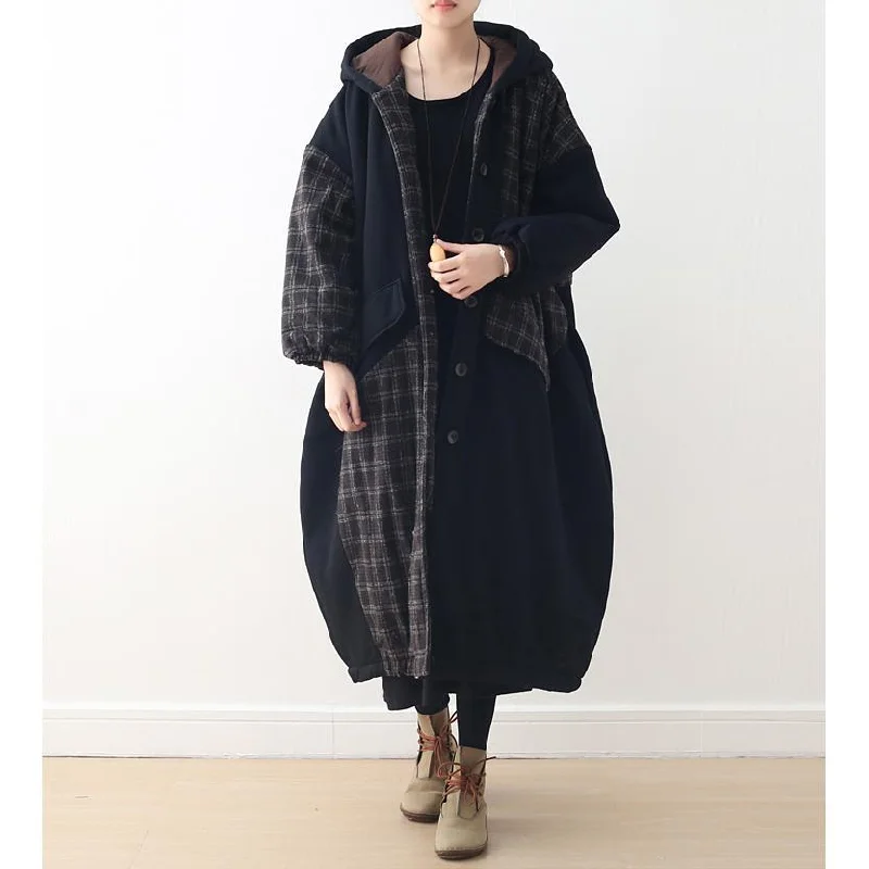 top quality black patchwork Plaid women Loose fitting hooded Coats thick Batwing Sleeve pockets winter cotton outwear