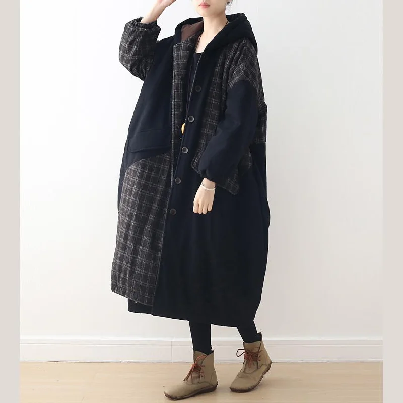 top quality black patchwork Plaid women Loose fitting hooded Coats thick Batwing Sleeve pockets winter cotton outwear