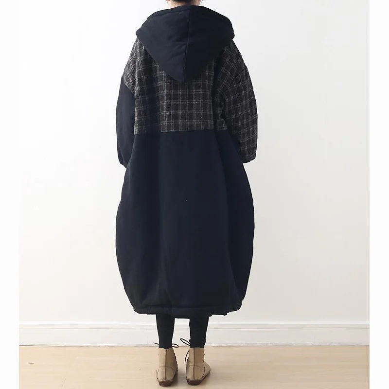 top quality black patchwork Plaid women Loose fitting hooded Coats thick Batwing Sleeve pockets winter cotton outwear