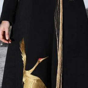 top quality black wool coat plus size Winter coat V neck mbroidery tassel coat