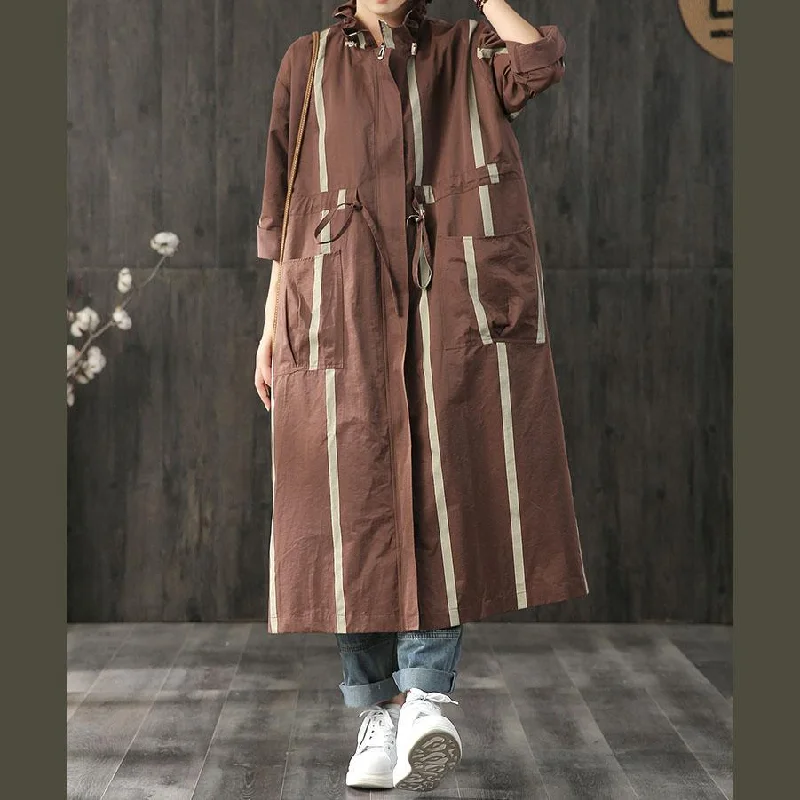 top quality chocolate striped coats plus size trench coat fall zippered pockets