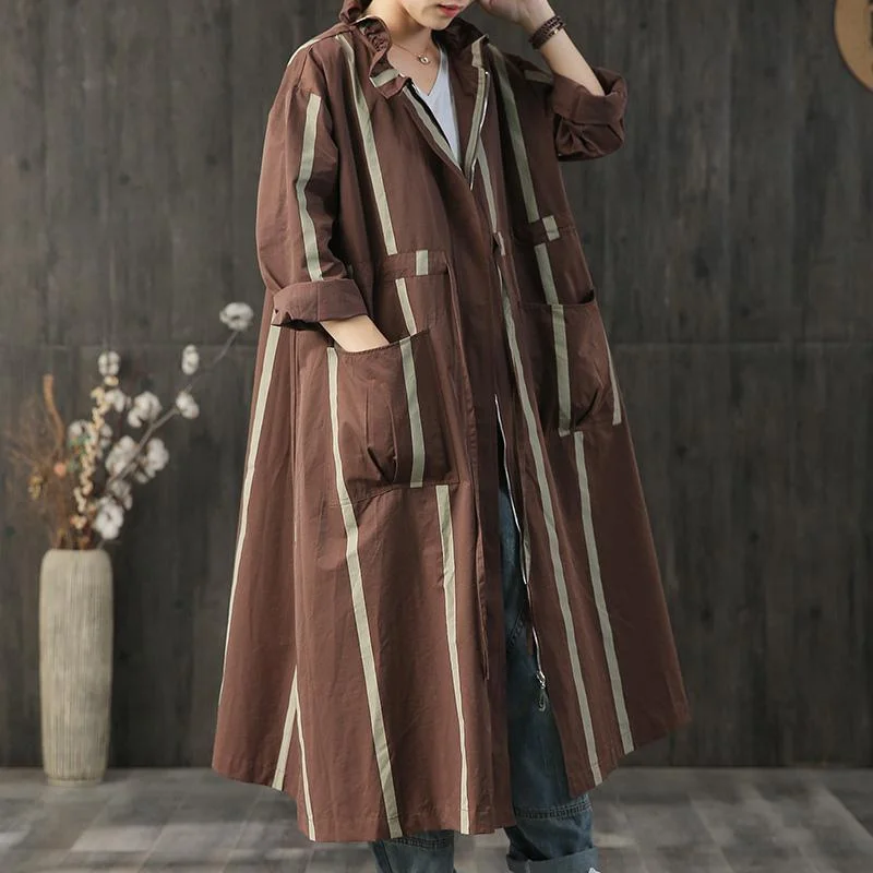 top quality chocolate striped coats plus size trench coat fall zippered pockets