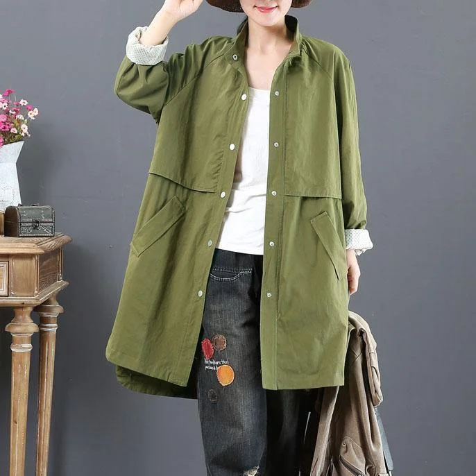 top quality plus size mid-length coats fall army green pockets stand collar coat for woman