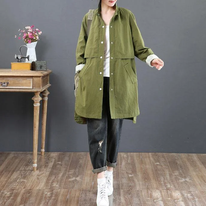 top quality plus size mid-length coats fall army green pockets stand collar coat for woman